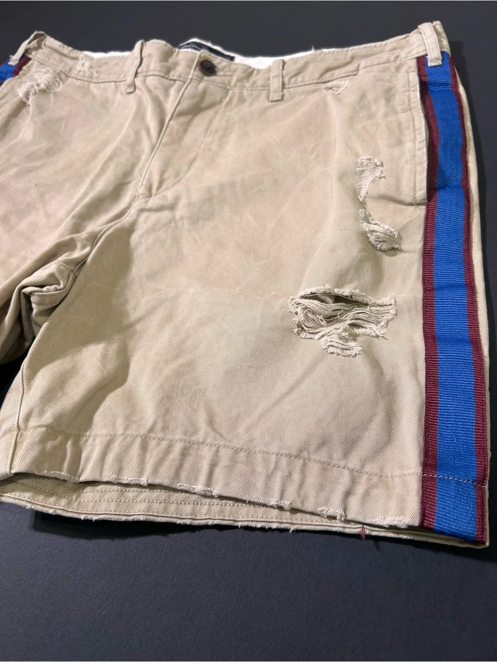 Abercrombie & Fitch Khaki Shorts with Blue and Red Side Stripes